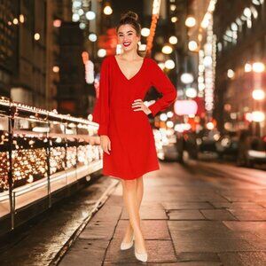 Ann Taylor A-Line Midi Dress Lantern Long Sleeve V-Neck Elegant Flare Holiday 10